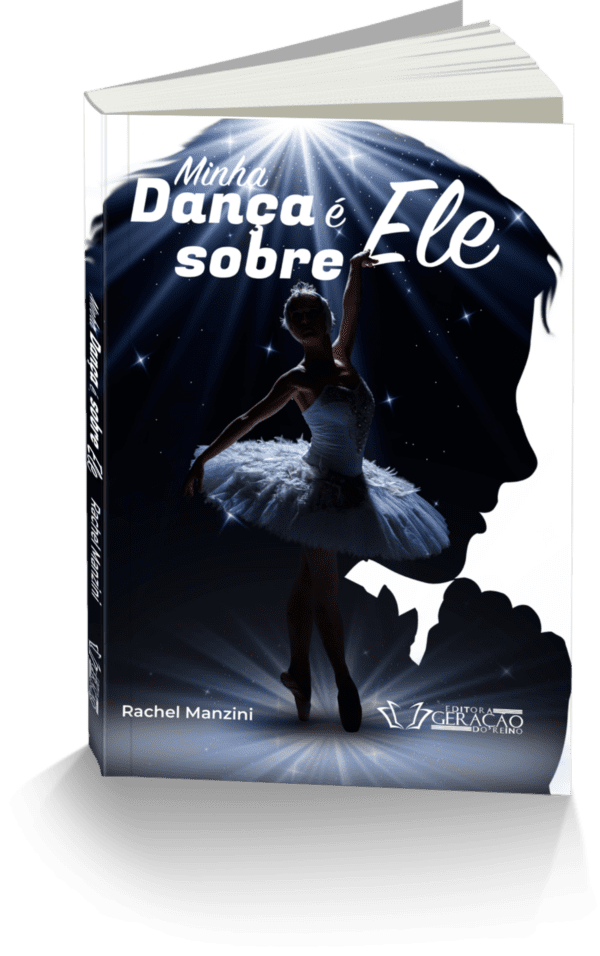 Na capa do livro 'Minha Dança é Sobre Ele', uma bailarina em destaque representa a expressão artística e a devoção através da dança. Ao fundo, uma moça em oração transmite uma conexão espiritual profunda. A capa combina a beleza da dança com a importância da fé, convidando os leitores a explorar a transformação e redenção proporcionadas por Jesus Cristo.